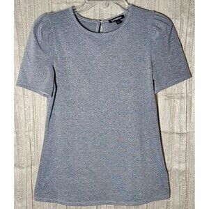 Express Silver Gray Puff Sleeve T-Shirt Blouse Metallic Round Neck Modern Small